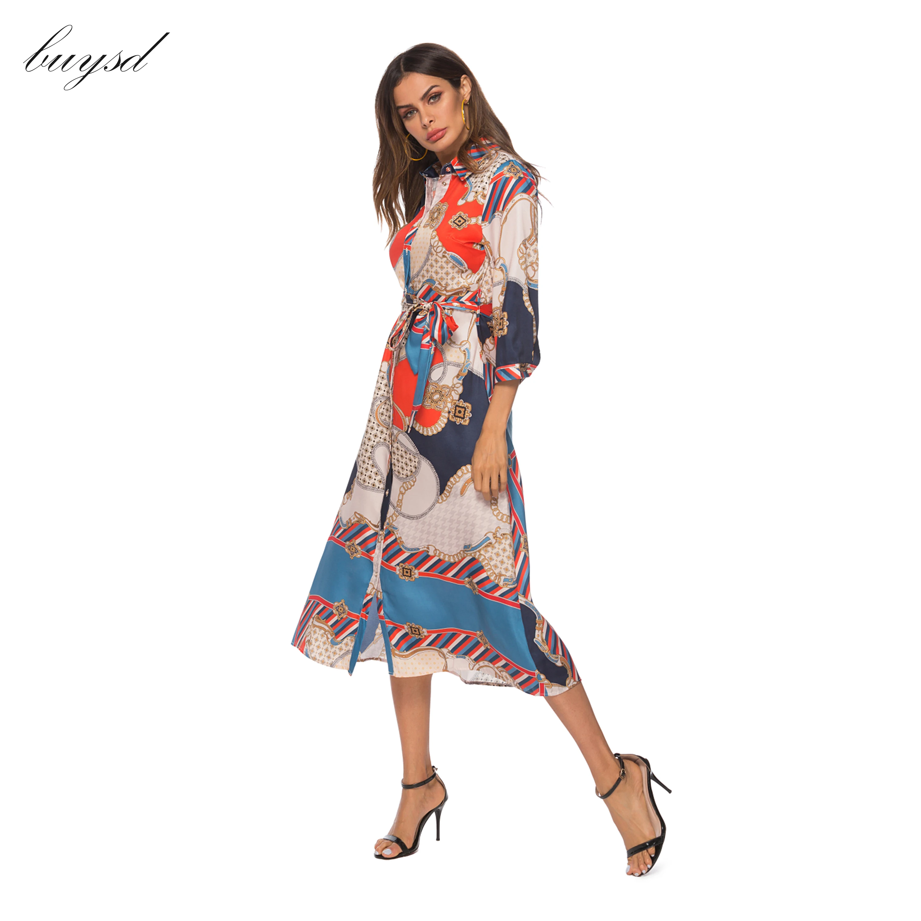 Женское винтажное платье Boho Повседневное на пуговицах с рукавом 3/4 и отложным