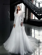 Sexy Arabic High Neck Mermaid Wedding Dresses High Neck Muslim Bridal Gowns Long Sleeve robe de