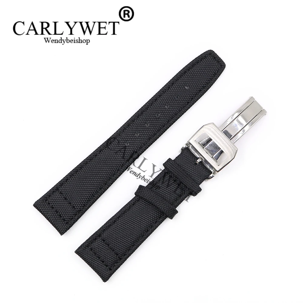 

CARLYWET 20 21 22mm Black Nylon Fabric Leather Band Wrist Watch Strap Belt 316L Stainless Steel Buckle Deployment Clasp For IWC