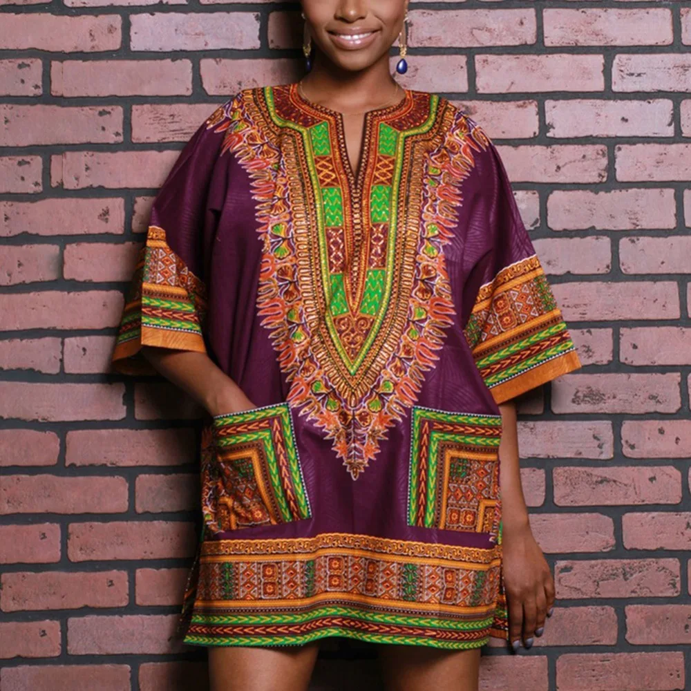 BOHISEN африканская женская одежда плюс размер Дашики Половина рукава традиционный Африканский узор v-образным вырезом Мини платье с 2