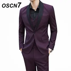 OSCN7 цвет красного вина с принтом Мужские костюмы модные вечерние свадебные High Street Terno Masculino 3 шт. торжественное платье костюм 6150