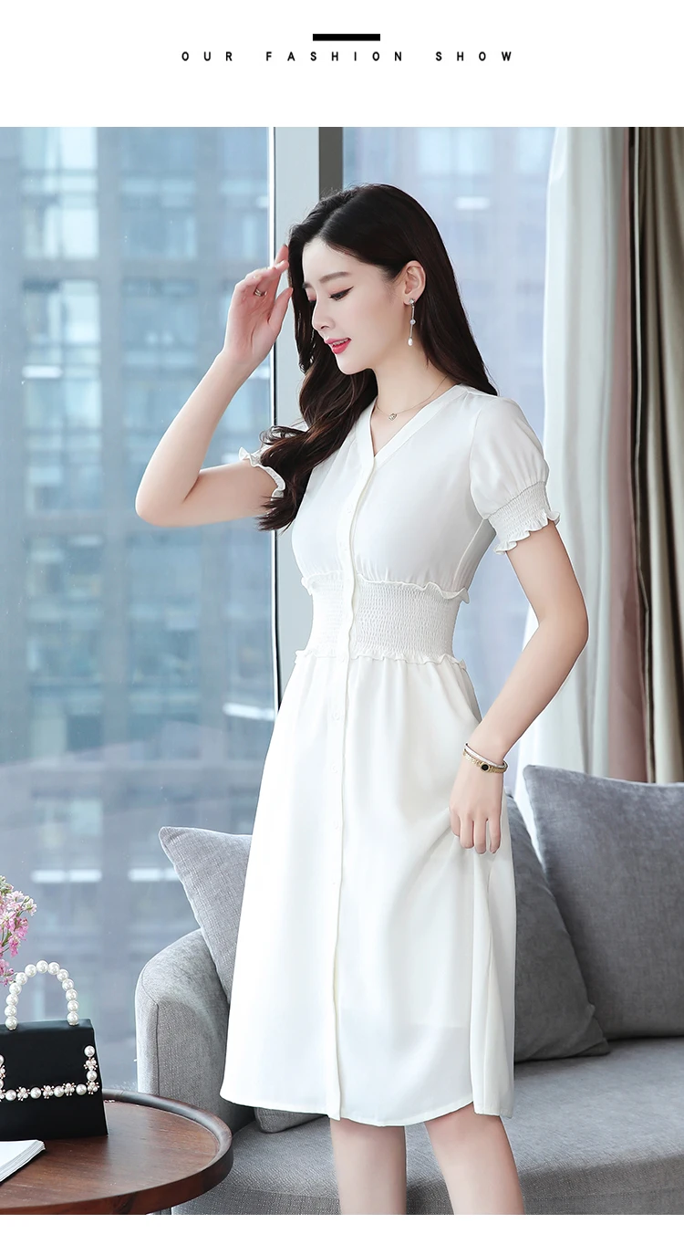 קיץ קוריאני בציר לבן Boho שמלה קיצית 2021 חדש בתוספת גודל משרד ליידי מוצק Midi שמלות נשים המפלגה Bodycon אלגנטי Vestidos