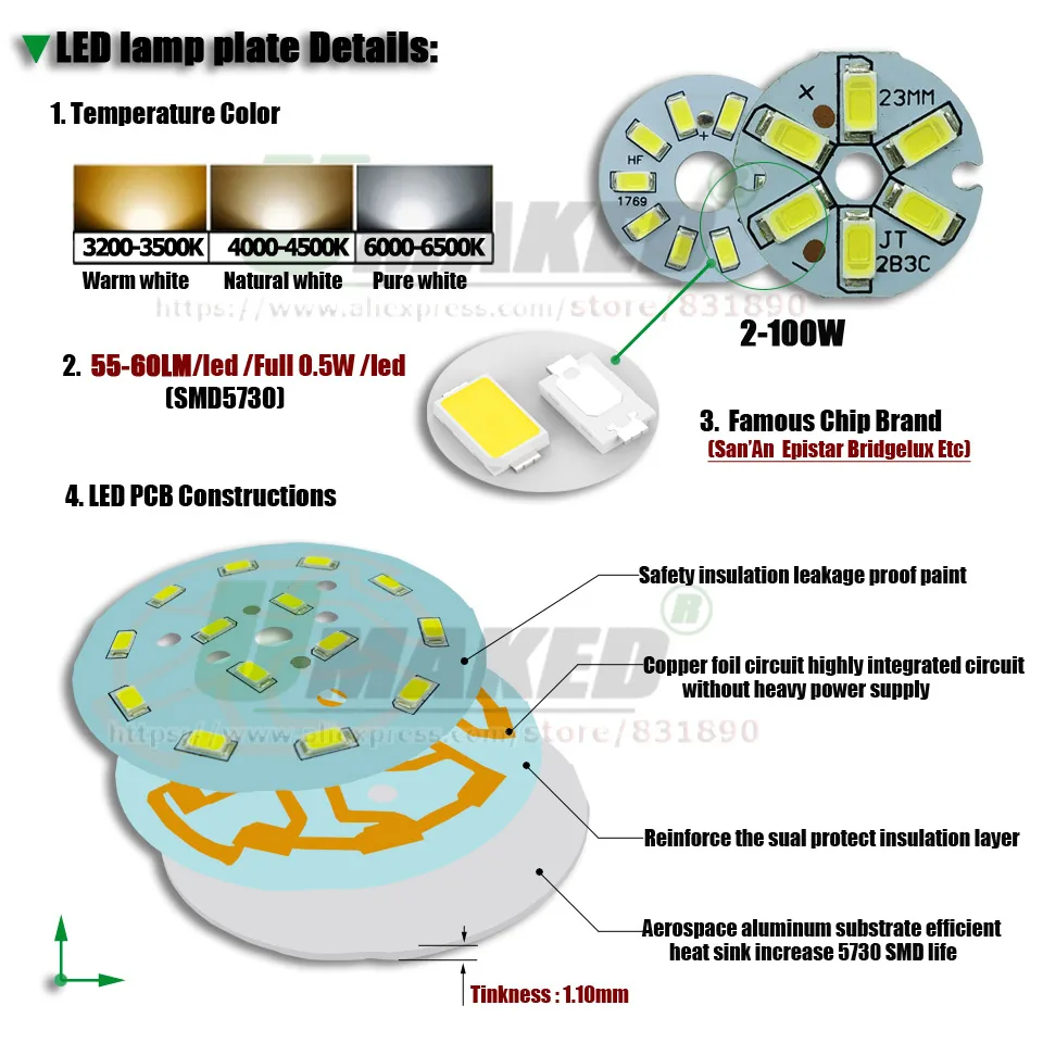 UMAKED 3 Вт 32 мм Светодиодные лампы PCB plate SMD5730 светодиоды установленная световая