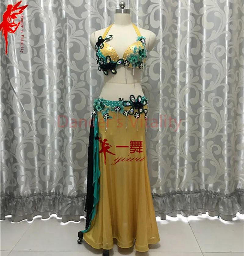 Belly dance clothes flowers bra top and satin long dress girls latin dance dress Salsa ballroo