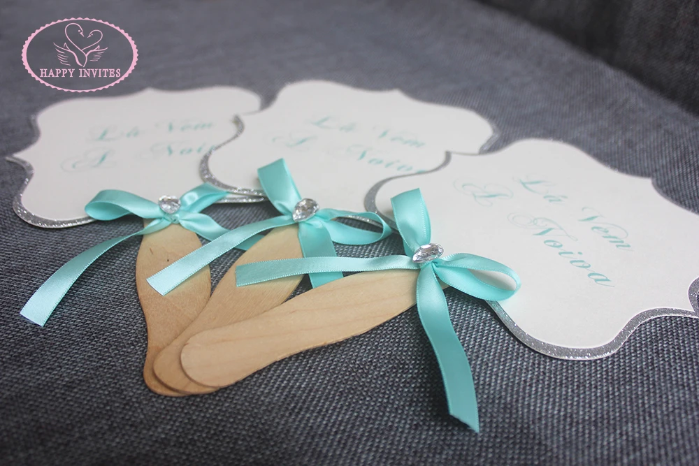 HI9034-04 Customized Glitter Fan Shape Place Card Menu Card Table Card Wedding Program with Wooden Handle