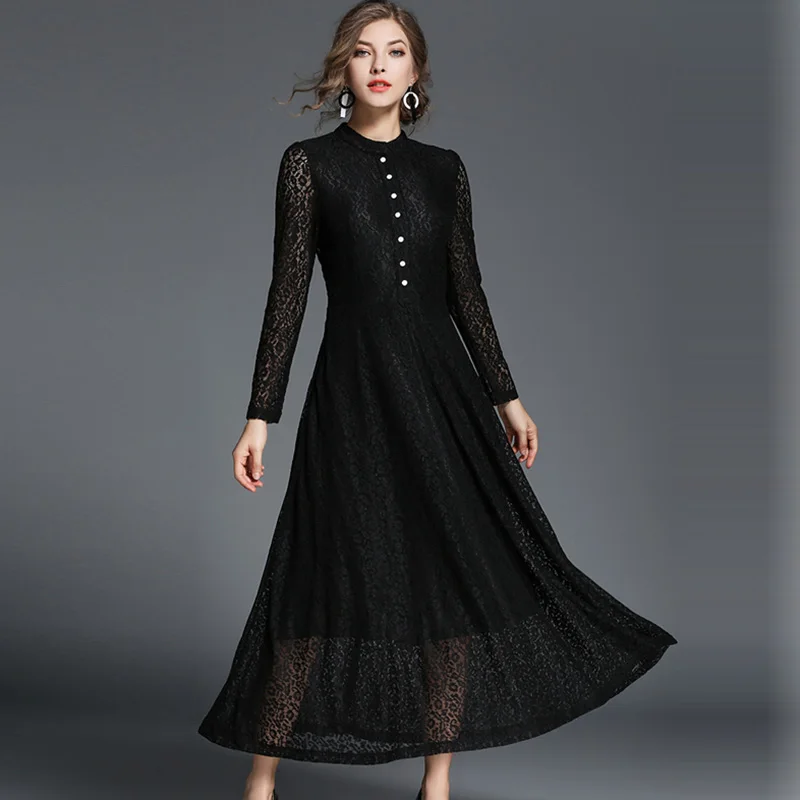 ShejoinSheenjoy Autumn Stand Hollow Lace Long Sleeve Dress Women Winter Red Buttons A-Line Party Dresses Black Women Long Dress (19)