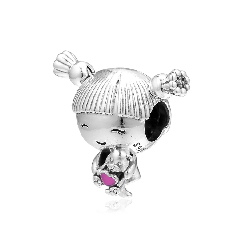 

Family Baby Girl With Pigtails Hugging Bear Toy Enamel Heart Silver Charms for Women Bracelets Silver 925 Jewelry DIY Making