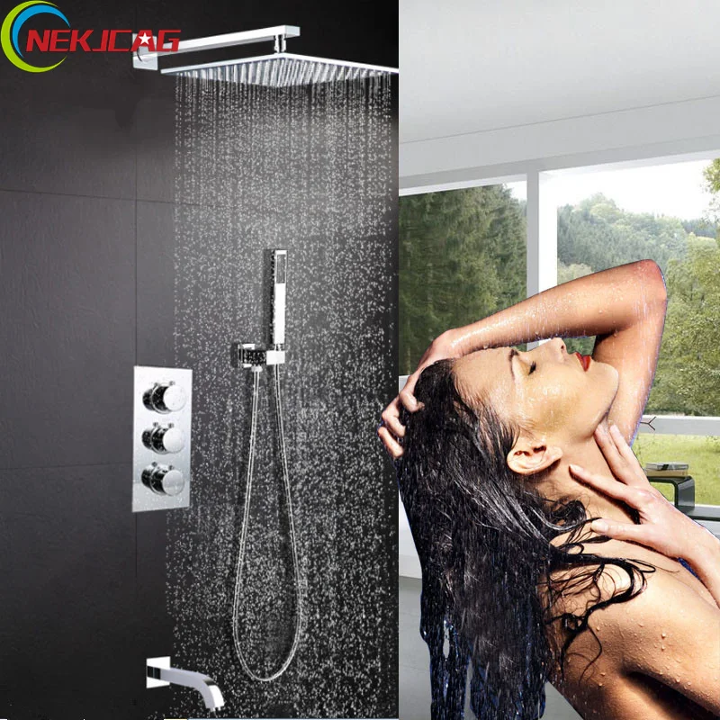 

Chrome Bathroom Thermostatic Mixer Shower Faucet Set Three Handles Wall Mount Bath Shower Kit
