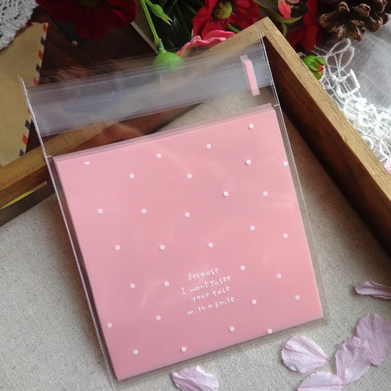 

100pcs Candy Bag Birthday Wedding Self-adhesive Cellophane Bag White Dots Light Pink Cookies Biscuits Small Plastic Gift Bags