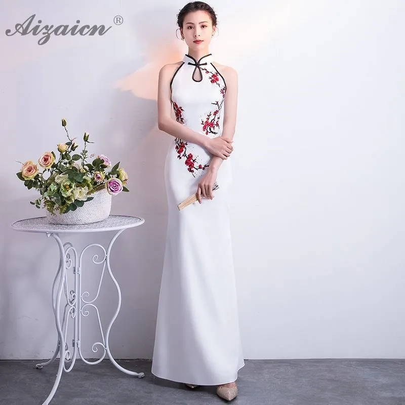Новые белые пикантные Длинные Cheongsam современный Chinoise Femme вечерние платья Qi Pao для