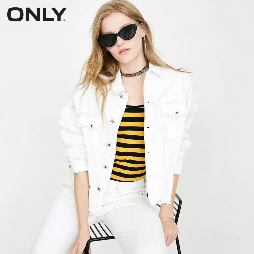

ONLY 2019 Raw-edge Smiling Face Print Loose Fit Denim Jacket |118254504