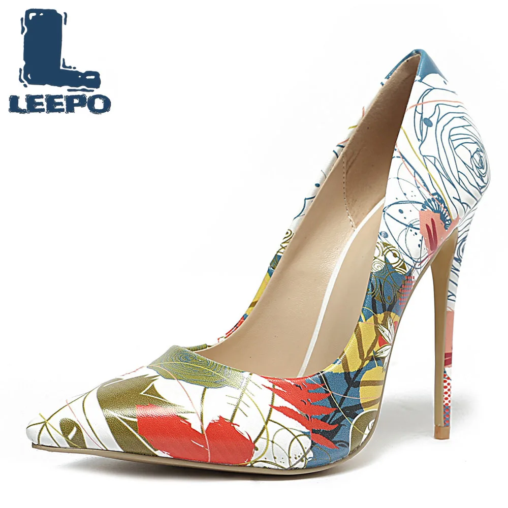 

LEEPO Women High Heels Prints Shoes Luxury Designers Plus Size Sky-High Heels Woman Graffiti Stilettos Ladies Pointed Toe Pumps