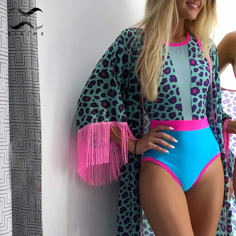

Leopard print swimwear women Mesh bathing suit 2019 Transparent bodysuits one piece swimsuit female Neon bikini beach wear new