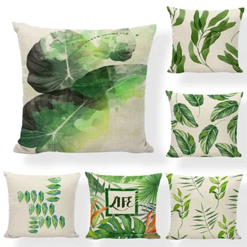 

Leaves Cushion Cover Letter Dream Linen Cotton 45*45Cm Square Tropical Plants Kids Gift Spring Party Decorate Throw Pillow Case