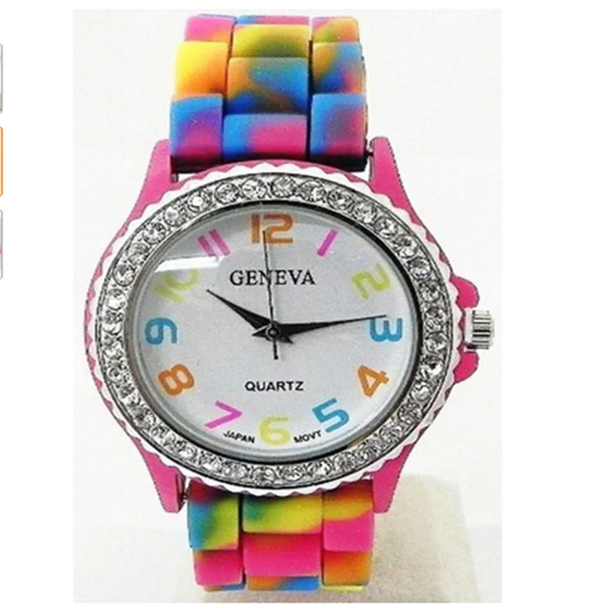 

2017 Newly Geneva Rainbow Crystal Rhinestone Watch Silicone Jelly Link Band Dropshipping L607