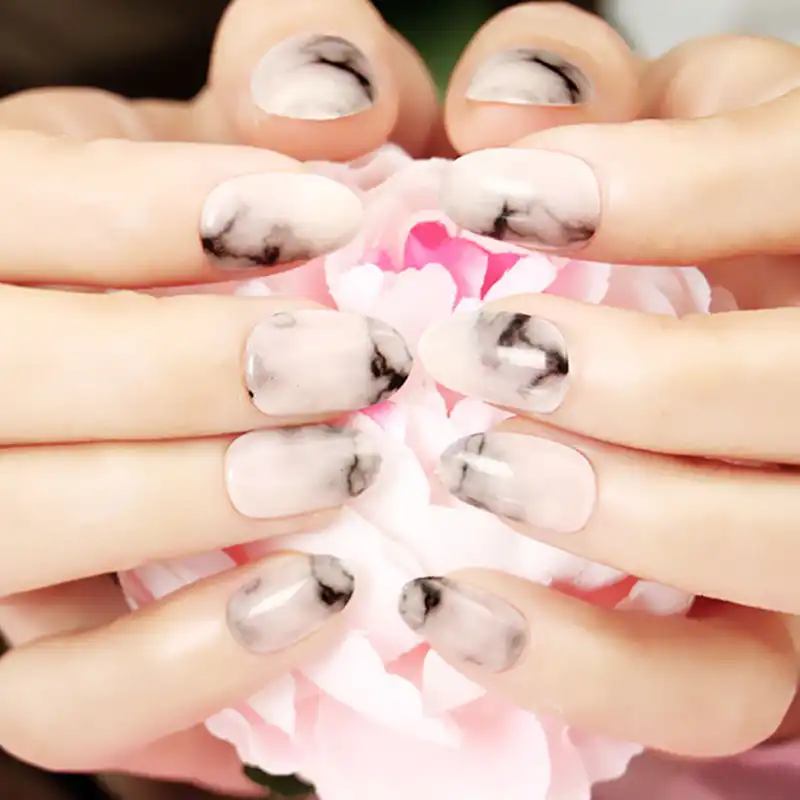 Almond Fake Nails Black White Marble Smudge Diy Nail Art 3d Tip Accessory 24 Pcs Short Size Fake Nails With Glue False Nails Aliexpress