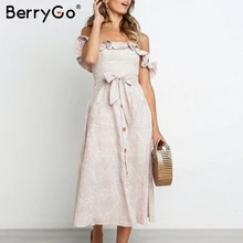 BerryGo, женские платья, платье миди, богемное, с принтом, на пуговицах, элегантные, с оборками, с открытыми плечами, платья, летнее платье, с бантом, vestidos