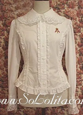 Белая хлопковая блузка с оборками и кружевной каймой в стиле Лолиты