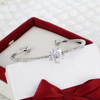 

Hesiod silver color flower charm bangles cuff bracelets full crystal rhinestone Pulseira mom gifts