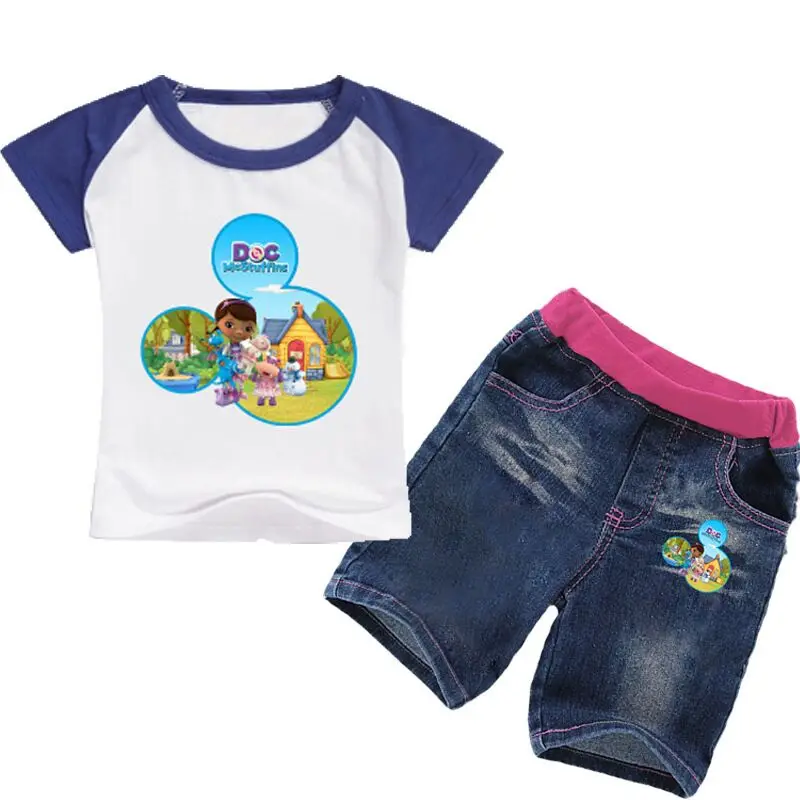 

2-8Years 2018 Summer Girl Set Doc Mcstuffins Clothes Menino Toddler Girls Summer Clothing Set Shirt Set Jeans Shorts Nova
