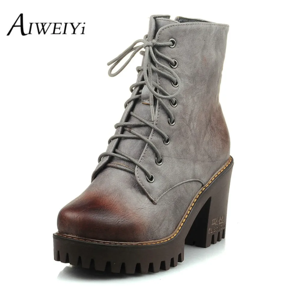 

AIWEIYi Ladies Elegant Boots 2017 Round toe Square Heel Boots Lace up Platform Ankle Boots Botas Senhora High Heels