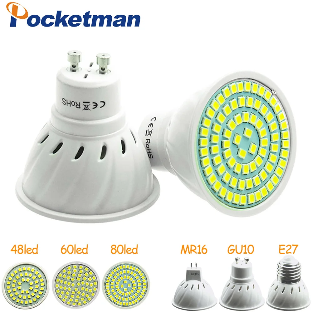 Pocketman E27 MR16 GU10 Светодиодная лампа 220 в 240 В Bombillas светодиодный Lamp Spotlight 48 60 80 LED 2835 SMD