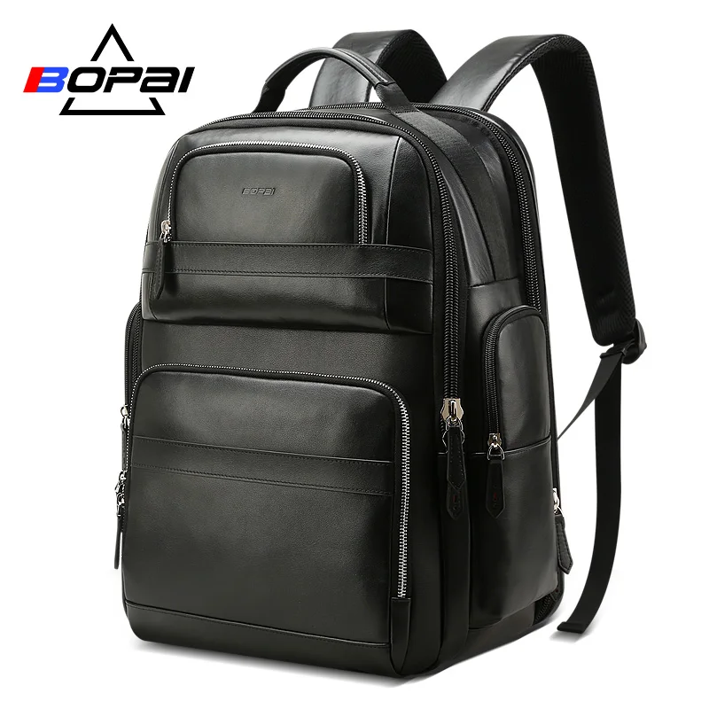 BOPAI Luxury Genuine Leather Backpack for Men Women Travel Black Bagpack Top Layer Cow Leather ...