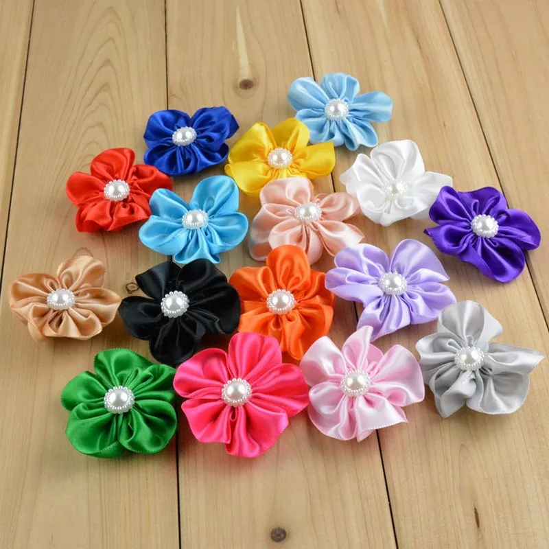50pcs/Lot 5CM 16Colors Satin Ribbon Lotus Flowers 5 Petals Flower for