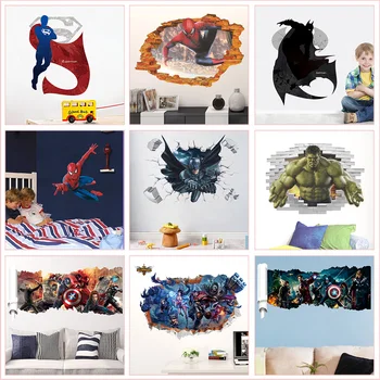 

Super Hero Theme Wall Stickers For Kids Room Home Art Boys Decoration Diy Superman Decal Batman Hulk Spiderman 3d Hole Pvc Mural