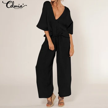 

Celmia 2020 Women Black Jumpsuits Summer Sexy V-neck Lace Up Long Pants Playsuits Workwear Elegant Romper Plus Size Overalls 5XL