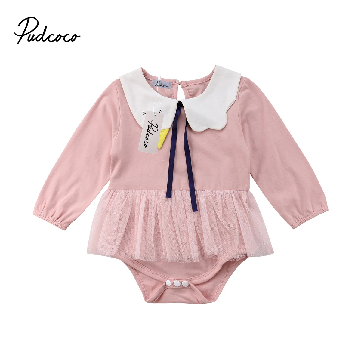

2018 Newborn Toddler Kids Baby Girls Lace Long Sleeve Doll Collar Tulle Dresses Romper Outfits Pink Clothes 0-24M
