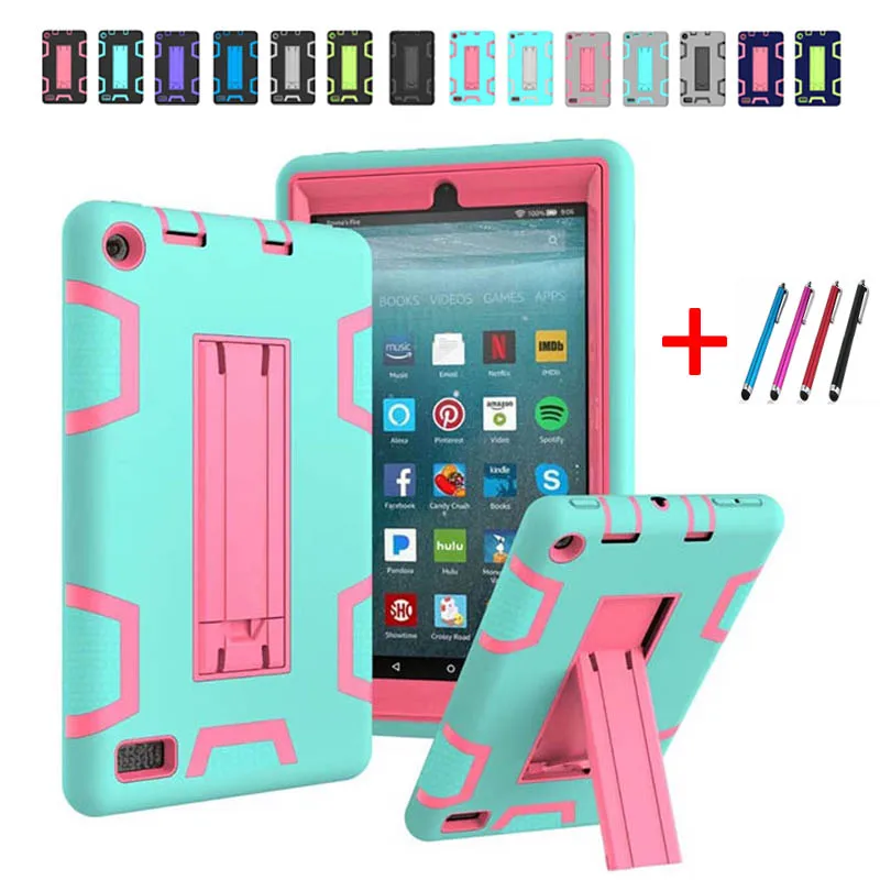

2017 Cover For Amazon All-New Fire 7 Tablet with Alexa 7" Case Kids Safe Armor Shockproof Heavy Duty Silicone PC Stand Case +pen