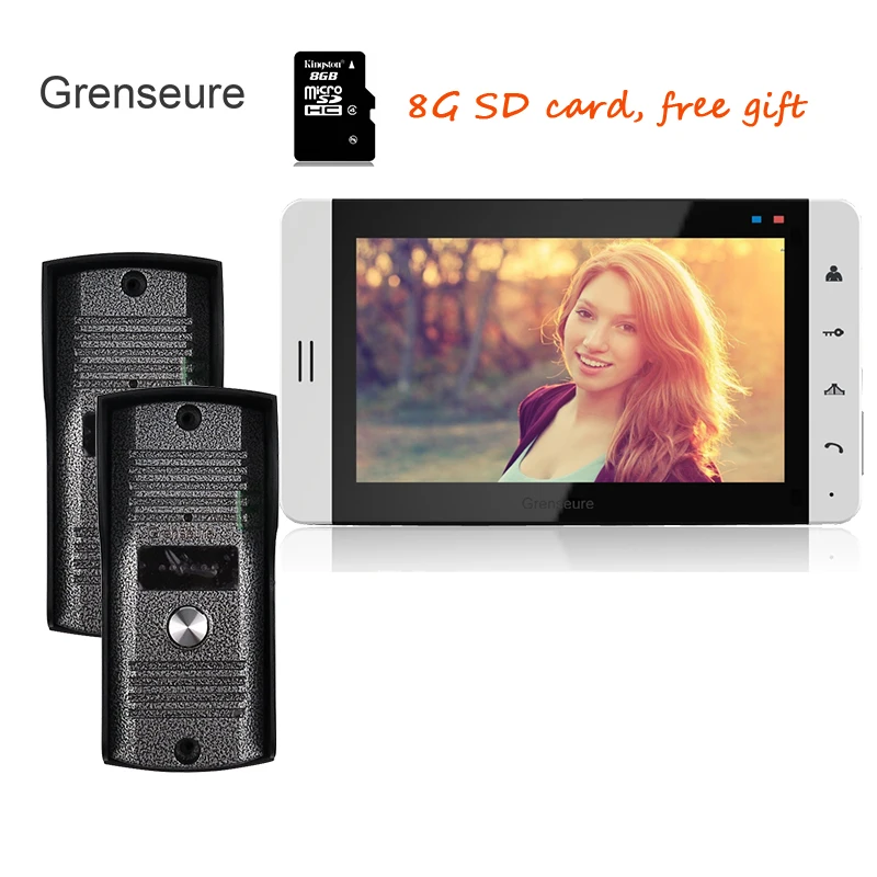 

Home Security 7" Color Screen Record Video DoorPhone Intercom + 2 700TVL Doorbell Camera + 1 White Monitor + 8G SD Free Shipping