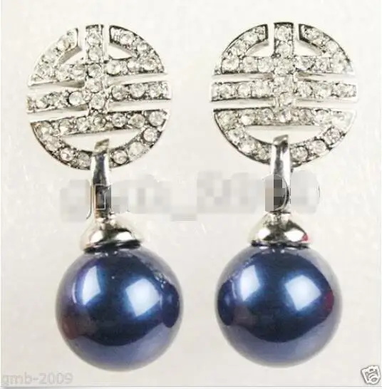 

Hot sale new Style >>>>Genuine 12mm Round Blue South Sea Shell Pearl Crystal Lucky Earrings