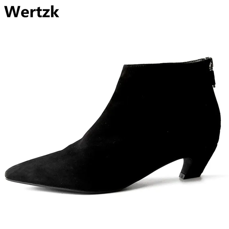 

Wertzk NEW 2018 Fashion Pointed toe Ankle Boots Autumn Low-heeled Women boots Sexy Booties Women Pumps T055