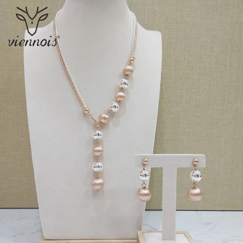 

Viennois New Mix Silver Rose Gold / Gold Color Drop Earrings Necklace Set for Women Party Silver Ball Jewelry Sets 2018