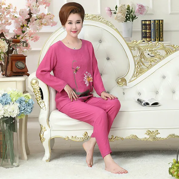 Fdfklak Pijama Femmes новая весенняя Осенняя женская пижама пижамный комплект XL-4XL размера плюс хлопковые льняные пижамы комплекты ночного белья Q527 - Цвет: mei red