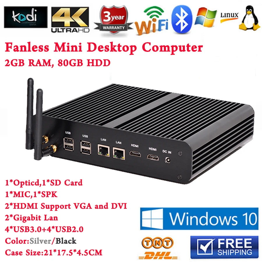 

MINI PC Fanless  Dual Inter i7 Core 4 thread Linux Ubuntu PC for IR Interactive Whiteboards Industrial Office 80GB HDD 2GB RAM