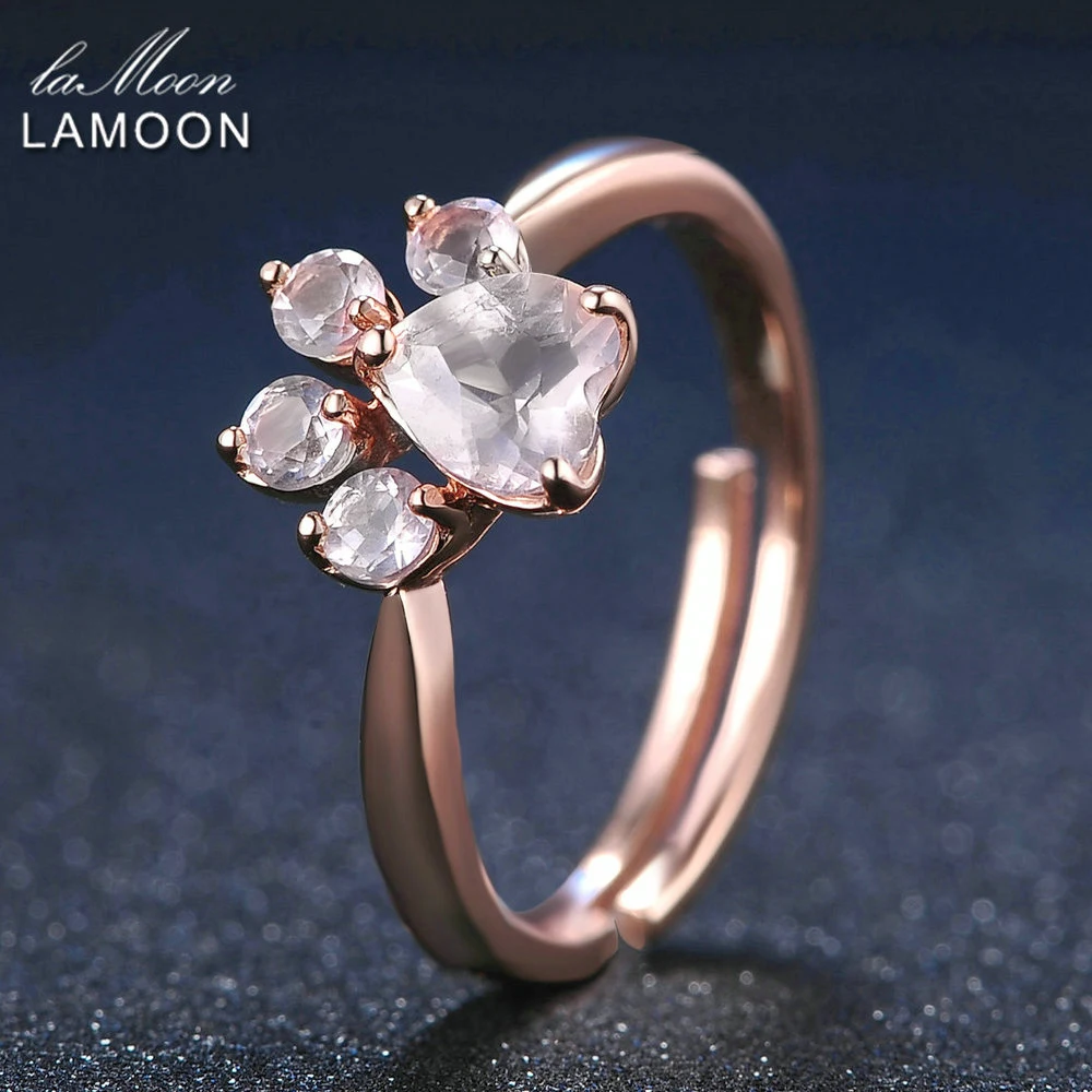 LAMOON 925 пробы Серебряное кольцо для женщин Медвежья Лапа розовый кварц