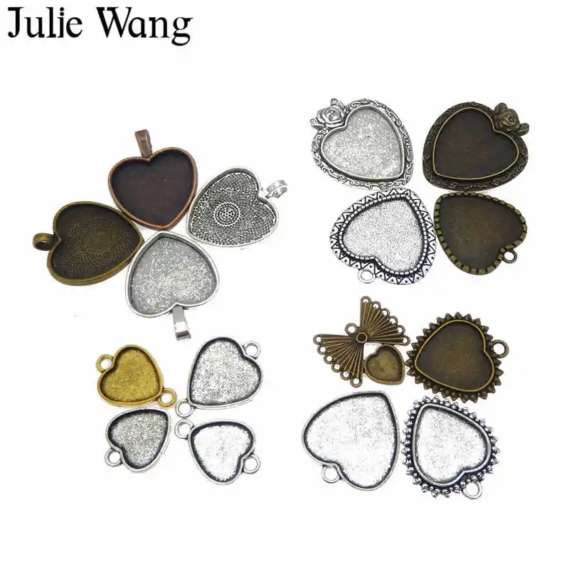 15pcs Vintage Style Metal Base Mixed Heart Shaped Bezels Setting Pendants Tray