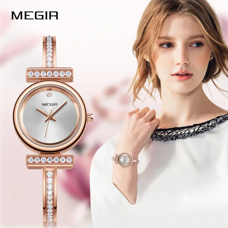 Megir Ladies Quartz Watches with Brass Bracelete Strap Girls Simple