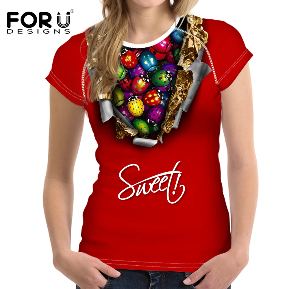 

FORUDESIGNS t-shirt Women Tops Tees Candy Printing T-Shirts Ladies Clothing Casual Black O-Neck Teens Girls Vetement Vogue Silky