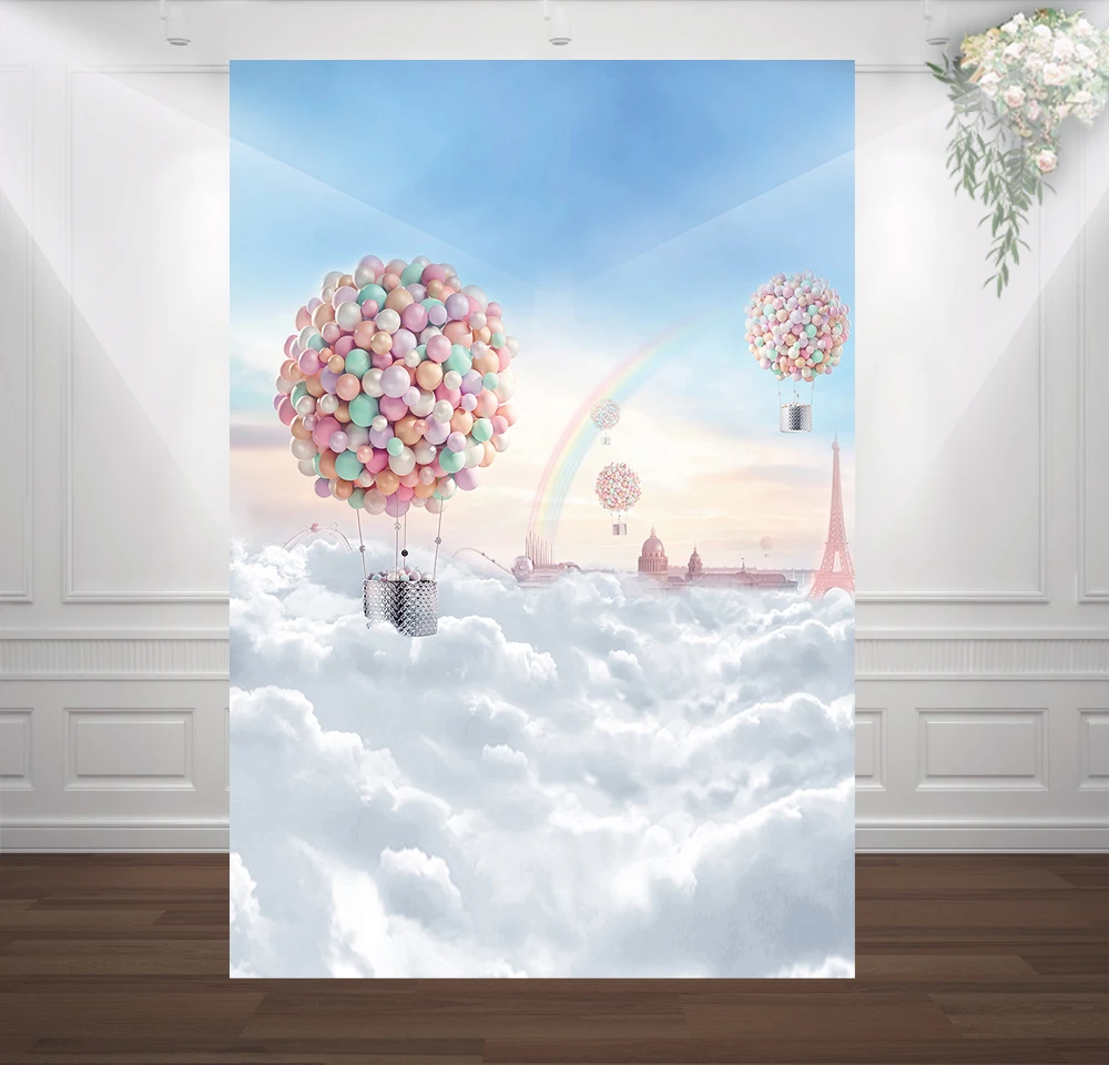 HUAYI hot air balloon rainbow clouds birthday photography backdrop for party supplies girl baby shower photo background W-377