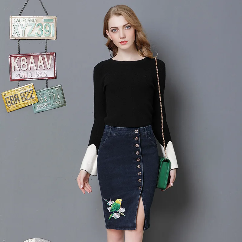 

Women High Waist Embroidery Button Spliced Skinny Casual Knee-length Denim Shirts Female Office Lady Jeans Skirts Plus Size 6XL