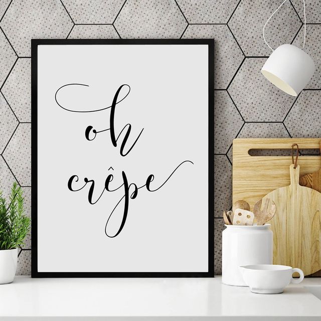 French Kitchen Art Oh Crepe Quote Canvas Print Bon Appetit Typography Painting Wall with Free