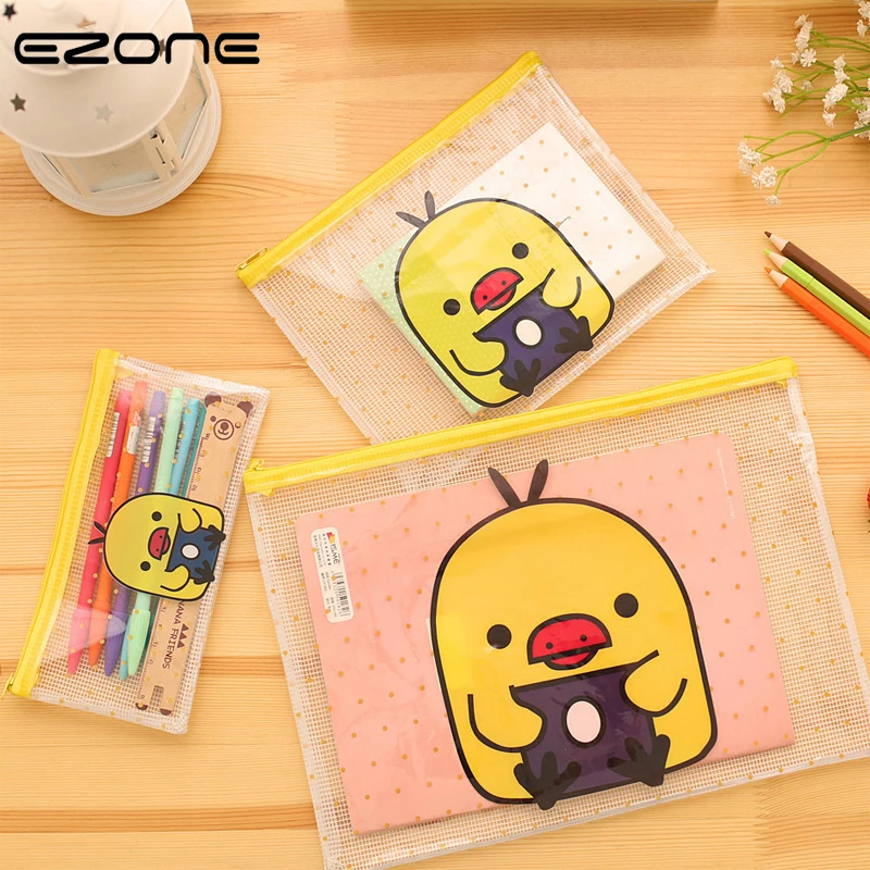 

EZONE Creative Cartoon Bag Cute Yellow Chicken Transparent File Bag For Children Stationary Bag Office File Bag Supply