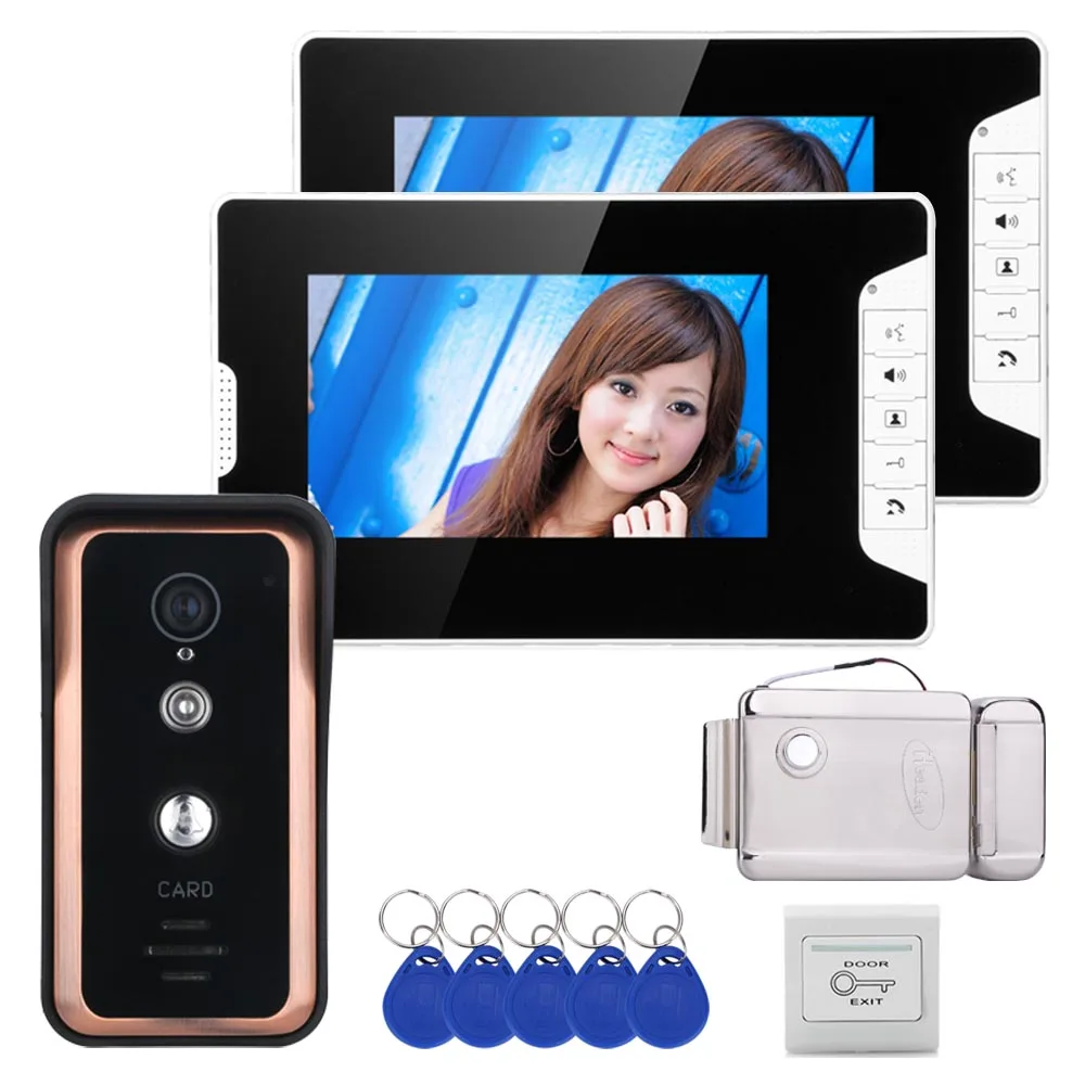 Wired 7 inch Video Door Phone Video Intercom Doorbell System 2 Monitor 1 RFID Camera +Stainless Steel Electronic Door Lock