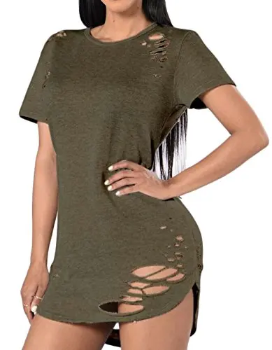 Abetteric Womens Sexy Short Sleeve Broken Ripped Club Party Shirt Dress 