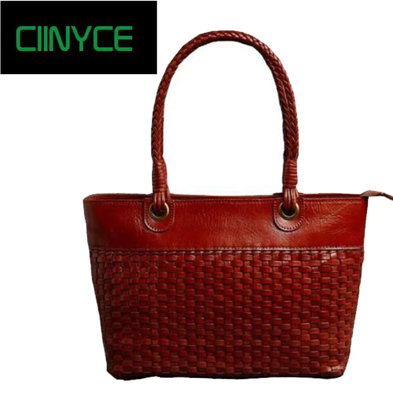 

2018 New Original Brand Genuine Cow Leather Women's Knitting Brown Coffe Handbags Vintage Cowskin Satchel Shoulder totes bags