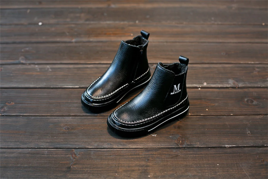 Kalupao/осенне-зимние ботинки для мальчиков; цвет черный, коричневый; ботинки из коровьей кожи для девочек; детская зимняя обувь; детские зимние ботинки с мехом